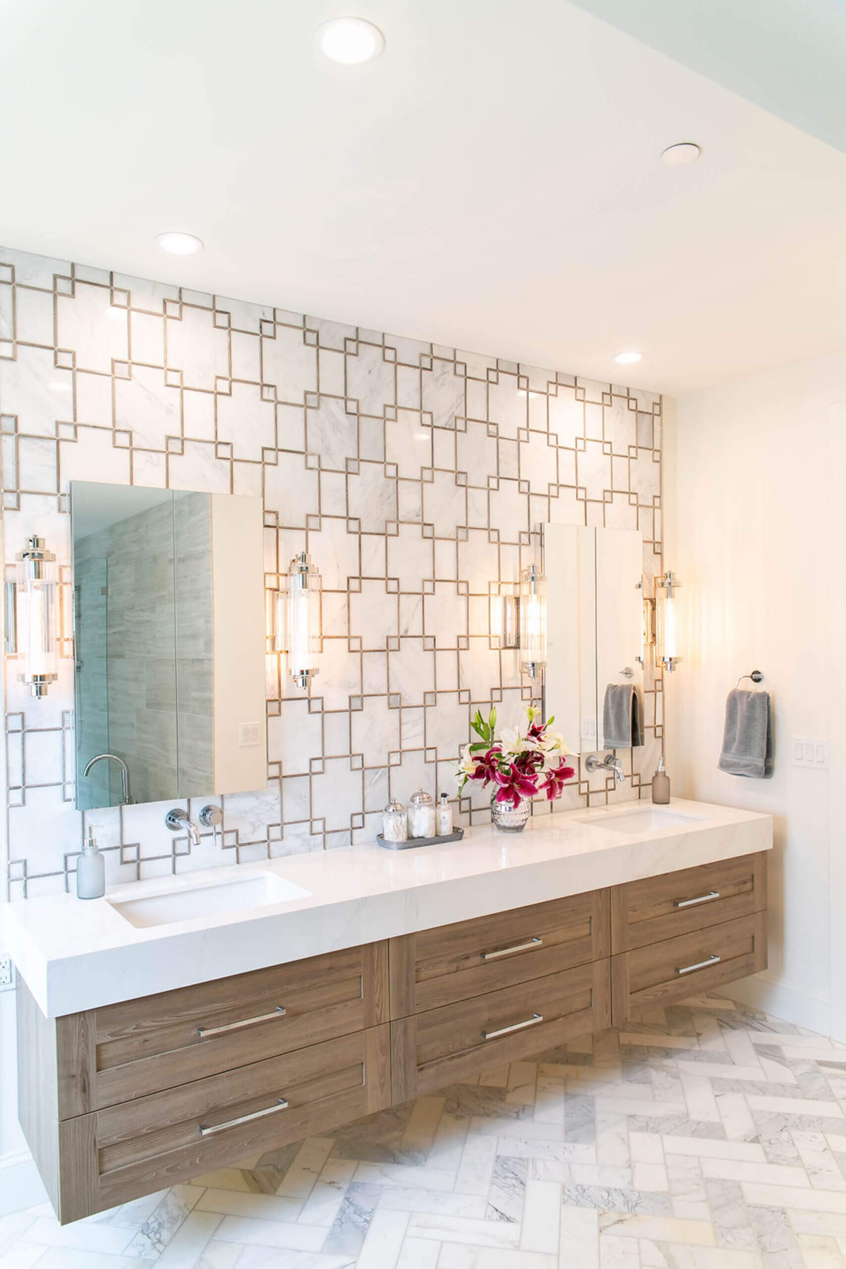 floating vanity with wood veneer finish