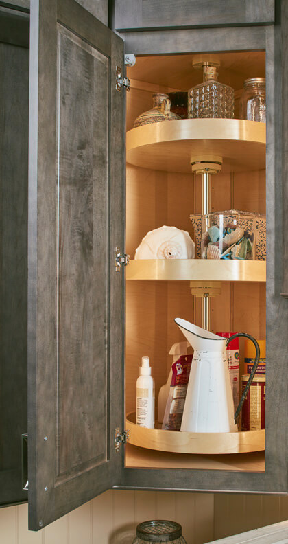 lazy susan inside mudroom cabinet