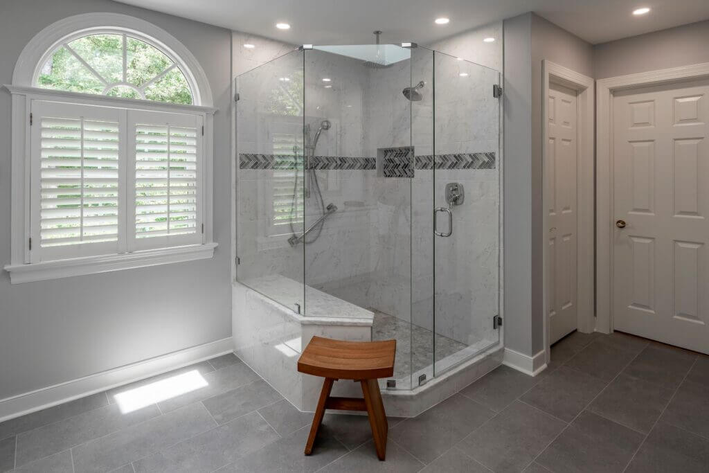 white bathroom with shower