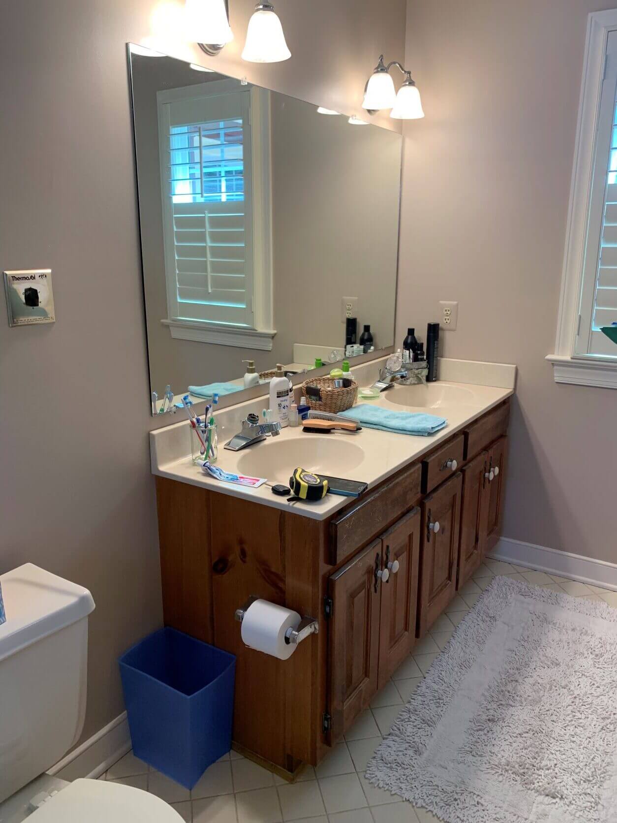 bathroom counter with natural wood tones